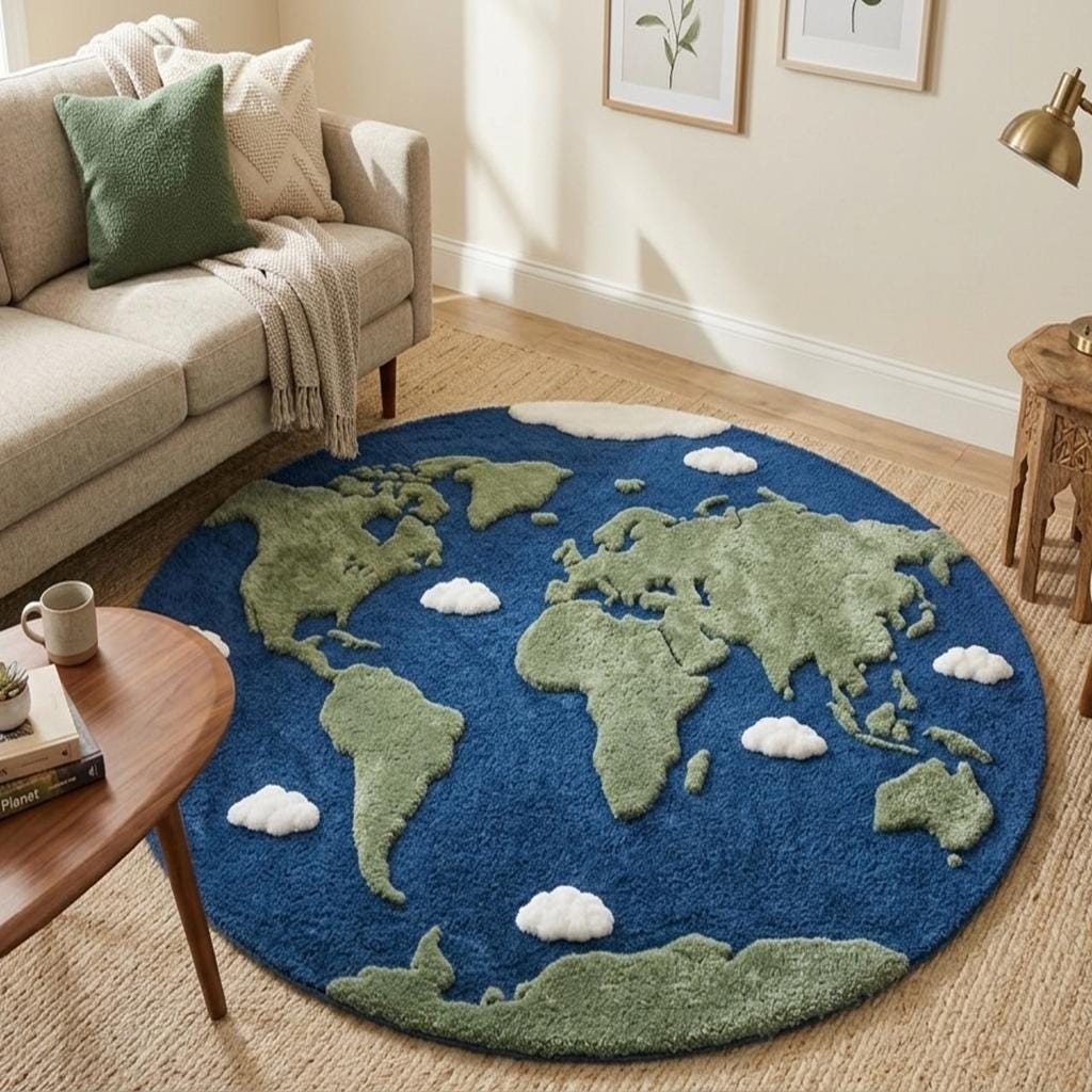 Hand Tufted World Map Rug – Round Earth Carpet, Kids Room Educational ...