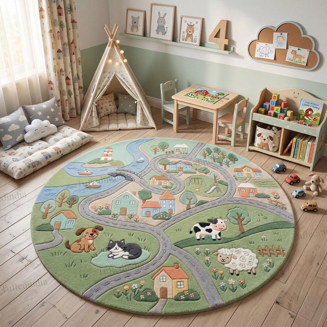 Background Toy Rug Kids Playroom Road Rug, Hand Tufted Nursery Rug, Educational Activity ...