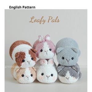 May include: Six crocheted plush animals arranged in pairs, labeled Loafy Pals and English Pattern. The set includes brown and white, pink and white, and gray and white creatures with black eyes and stitched noses, crafted from soft yarn.