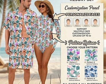 Custom Hawaiian-style Beachwear: Personalized Women's Backless Long-sleeved One-piece, Men's Shirt & Shorts, Couple Set