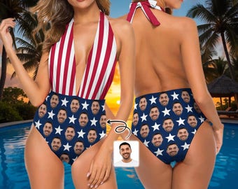 Custom Face Deep V One Piece Swimsuit, Stars & Stripes American Flag Personalized Swimwear Gift