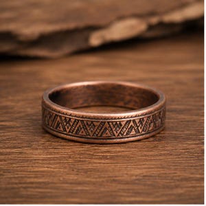 Vintage Copper Band Ring for Men Women, Engraved Geometric Tribal Pattern Ring, Antique Copper Wedding Band, Rustic Boho Ring, Gift for Him