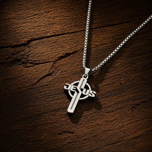 Jesus Name Cross Necklace Silver Stainless Steel Letter Alphabet Pendant Minimalist Christian Religious Jewelry Faith Charm Gift For Him Her