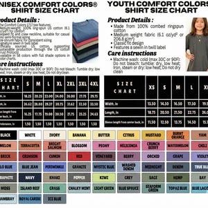 May include: A unisex Comfort Colors shirt size chart with product details, care instructions, and a color chart with 58 colors. The chart includes measurements in inches for sizes S to 4XL.
