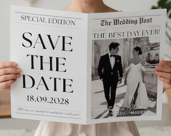 Save The Date Newspaper Template Canva, Hochzeit Save The Date, Ankündigung Fotoshooting Große Zeitung, The Wedding Post News Paper Template
