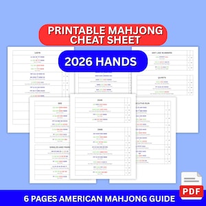 May include: A printable Mahjong cheat sheet with the text "Printable Mahjong Cheat Sheet" and "2026 Hands" in a blue banner. The guide includes 6 pages of American Mahjong information, with a PDF icon in the bottom right corner.
