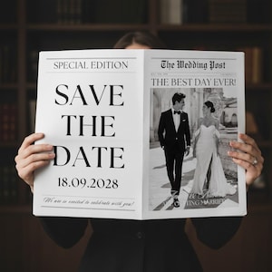Save the Date - Modello di giornale per Canva, Save the Date per matrimonio, Annuncio di matrimonio - Grande giornale per servizio fotografico, Modello di giornale per post di matrimonio