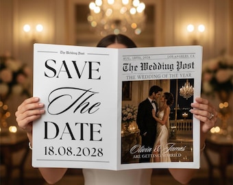 Könnte beinhalten: Eine weiße Save-the-Date-Karte im Zeitungsstil mit dem Text The Wedding Post, Save The Date, 18.08.2028, Aug 18th, 2028, Los Angeles, CA, The Wedding of the Year und Olivia & James Are Getting Married sowie einem Foto eines Paares.