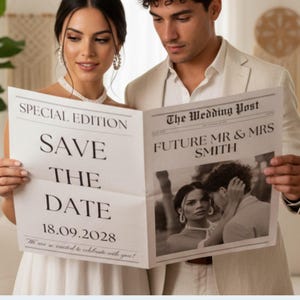 Può includere: Una coppia tiene in mano un giornale con il titolo "SAVE THE DATE" e la data "18.09.2028". Il giornale è un'edizione speciale intitolata "The Wedding Post" con il testo "FUTURE MR & MRS SMITH". L'immagine è in toni seppia.