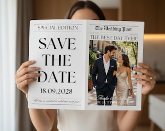 Newspaper Engagement Announcement Template, Save the Date, Future Mr Mrs, Wedding invitation, Canva template