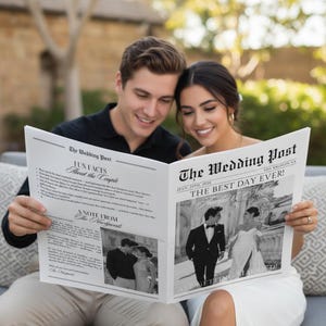 Op de afbeelding: Een gepersonaliseerde krant getiteld The Wedding Post met de kop The Best Day Ever, gedateerd 25 juli 2028. De lay-out bevat een zwart-witfoto van een koppel, een sectie met leuke weetjes en een bericht van het pasgetrouwde stel.