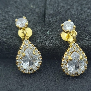 Pendientes colgantes con diamantes simulados talla pera, de plata de ley chapada en oro de 14 quilates, ideales para fiestas.