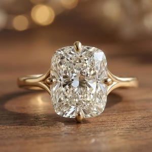 Anillo de compromiso con moissanita certificada talla cojín y brazo dividido, anillo solitario catedral de oro amarillo de 10 quilates, anillo de promesa con engaste de garras vintage.