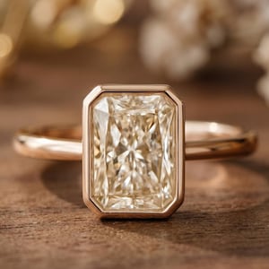 Anillo de compromiso vintage radiante de moissanita / Anillo solitario de oro con engaste biselado / Anillo de boda minimalista moderno. Joyería fina llamativa para ella.
