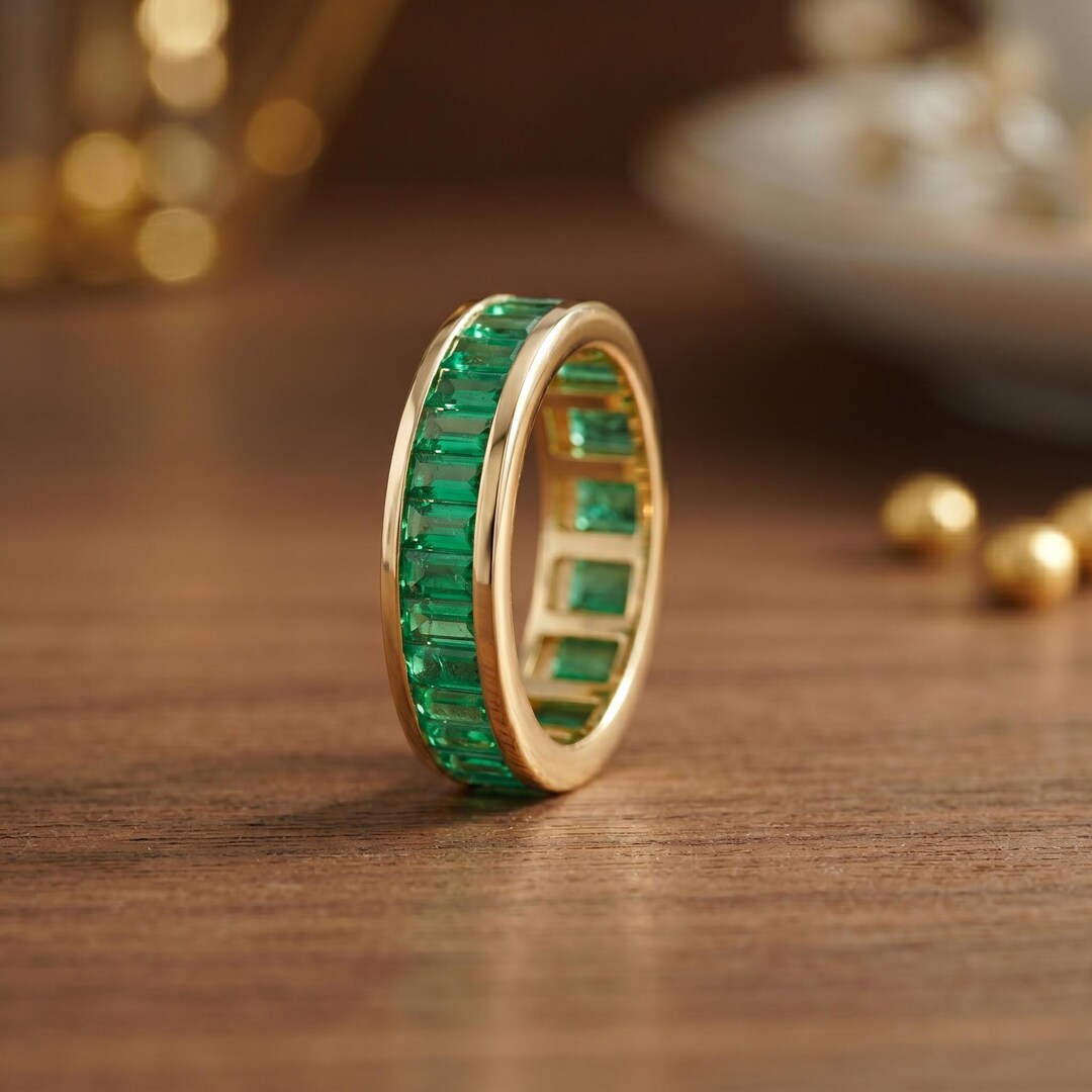 14K Gold Emerald Wedding Band Full Eternity Stacking Ring May ...