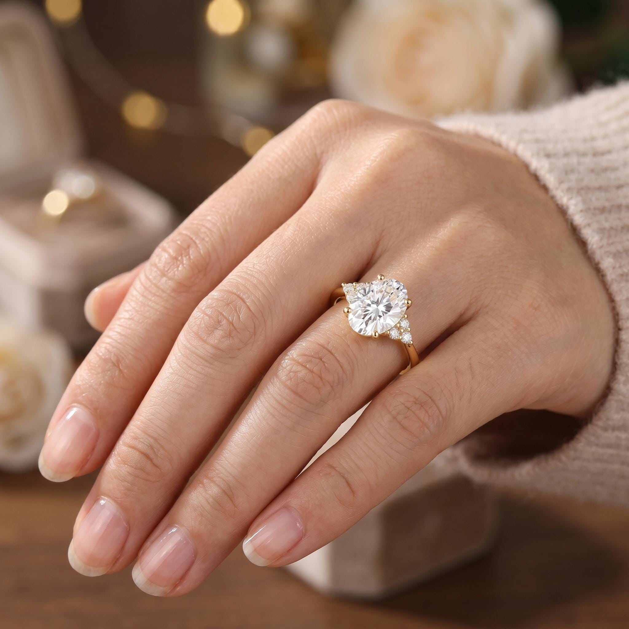 Vintage Oval Moissanite Engagement Ring: 14k Gold Cluster Promise Ring ...