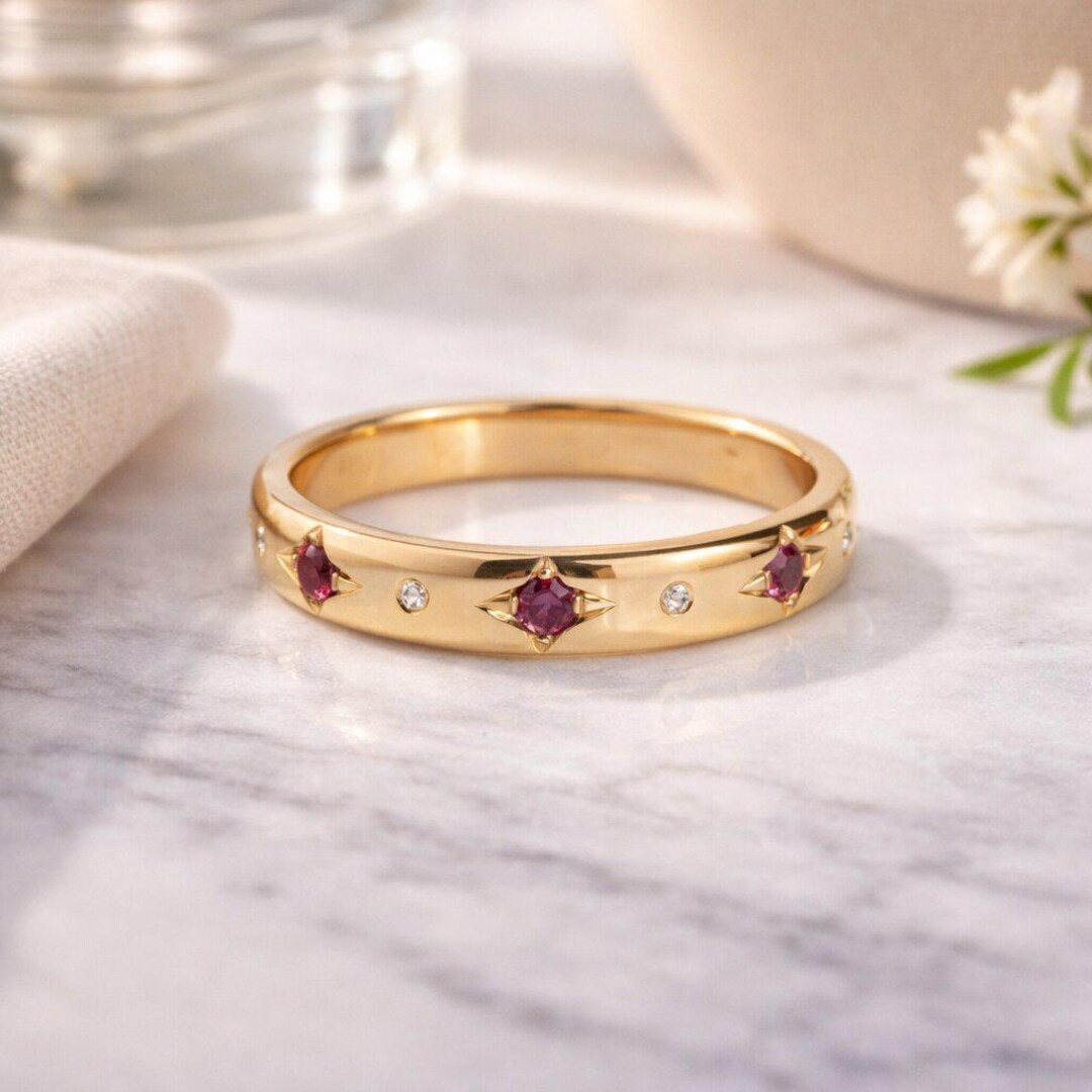 14k Solid Gold Ruby Wedding Band Women Pave Ruby Ring Solid Gold Pink ...