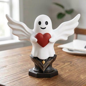 Spöke som håller ett hjärta, handmålad skrivbordsdekor, 3D-utskriven kuslig söt staty, enskild konstprydnad