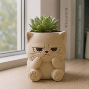 以下が含まれることがあります： 不機嫌そうな表情のベージュ色の猫型プランター。緑色の多肉植物が入っています。プランターは窓の近くの木製の表面に置かれています。