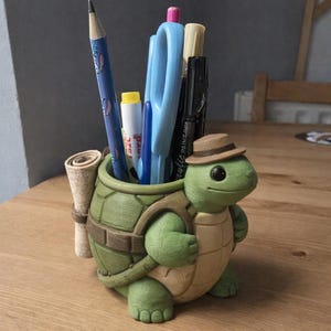 Adventure Turtle Traveler Pen Holder | Hand Painted 3D Printed Desk Decor with Shell Cup | Unique Single Desktop Organizer Gift