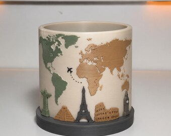Portalápices de escritorio con mapa del mundo, organizador de papelería con diseño de monumentos turísticos pintado a mano, pieza individual de decoración de oficina impresa en 3D con motivos arquitectónicos.