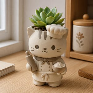 May include: A beige cat-shaped planter holding a rolling pin and a bowl, wearing a chef's hat and apron. The planter is filled with soil and a green succulent plant. The cat has a cute face with whiskers and stripes.