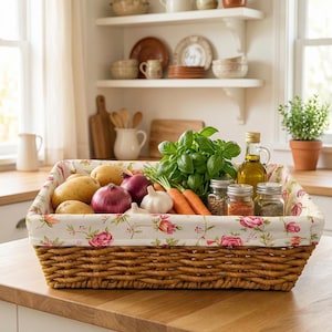 May include: A woven wicker basket filled with fresh produce, including potatoes, red onions, carrots, and garlic. The basket has a floral-patterned fabric lining and contains herbs, spices, and a bottle of olive oil. The scene is set in a bright kitchen.