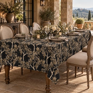 Black Oak Tablecloth - Antique Brass Branch Dining Table Cover, Moody Dinner Party Table Setting, Maximalist Chinoiserie Decor, Dinner Gift