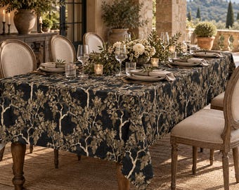 May include: A rectangular dining table covered with a dark navy blue tablecloth featuring a repeating gold and beige tree pattern. The table is set with white plates, clear glassware, and linen napkins, surrounded by beige upholstered chairs.