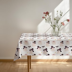 Kawaii Ghost Tablecloth - Witch Hat And Bat Table Cover, Halloween Party Setting, Whimsical Kitchen Decor, Spooky Season Hostess Gift