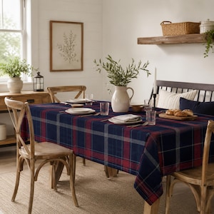 Navy Red Tartan Tablecloth - Scottish Plaid Dining Table Cover, Christmas Dining Room Decor, Preppy Holiday Decor, Cabin Hostess Gift