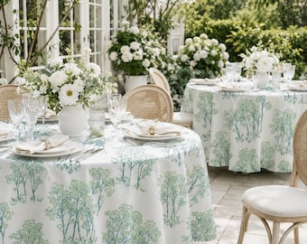 Teal Grove Tablecloth - Watercolor Tree Dining Table Cover, Spring Garden Brunch Decor, Coastal Cottage Kitchen Linen, Green Lover Gift