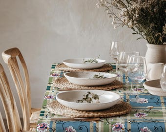 Blauwgroen geruit tafelkleed met bloemen - Cottage Check tafelkleed, lente eetkamer decor, volkskunst tafeldecor, gastvrouw diner cadeau
