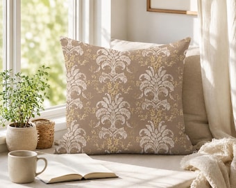Elfenbein Akanthus Damast Kissenbezug - Taupe Botanischer Kissenbezug, Frühlings-Gastzimmerakzent, französisches Landhausdekor, neutrales Gastgebergeschenk