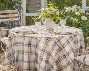 Elfenbein karierte Tischdecke - Neutrale Tartan-Tischdecke, Herbst-Brunch-Küchendekoration, Grandmillennial-Esseinstellung, gemütliches Einweihungsgeschenk