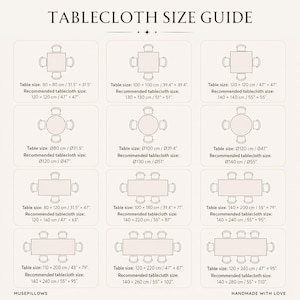 May include: A Tablecloth Size Guide chart featuring twelve diagrams of square, round, and rectangular tables with chairs. Each diagram lists specific table dimensions in inches and centimeters alongside the recommended tablecloth size in inches and centimeters.