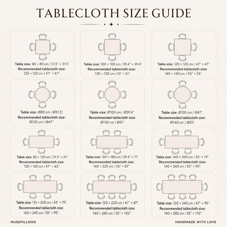 May include: A Tablecloth Size Guide chart featuring twelve diagrams of square, round, and rectangular tables with chairs. Each diagram lists specific table dimensions in inches and centimeters alongside the recommended tablecloth size in inches and centimeters.