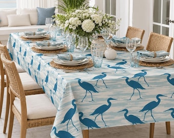 Blaue Kranich Tischdecke - Teal Shorebird Esstisch Abdeckung, Sommer Strand Haus Einstellung, Bauernhaus Dekor, See Haus Gastgeberin Geschenk