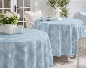 Blaue Farn Tischdecke - Weiße botanische Esstisch-Decke, Küstenfrühlings-Brunch-Dekor, Cottagecore-Küchenwäsche, Strandhaus-Geschenk