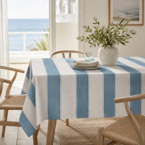 Blue Ivory Striped Tablecloth - Sky Blue Table Cover, Summer Dining Room Decor, Coastal Cottage Kitchen Linen, Housewarming Hostess Gift