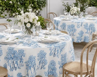 Sky Blue Tree Tablecloth - Coastal Grove Kitchen Table Cover, Summer Patio Dining Decor, Lake House Cottage Linen, Beach Hostess Gift