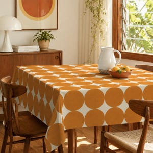 Mantel geométrico color crema y naranja - Cubremesa circular retro, mantelería de mediados de siglo, decoración moderna para mesa de cocina, regalo de inauguración de casa
