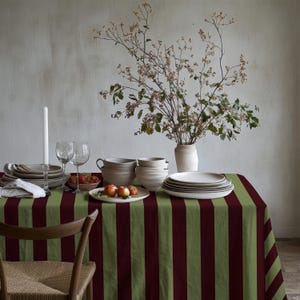 Olive Green Burgundy Stripe Tablecloth - Rectangular Table Cover, Christmas Table Setting, Grandmillennial Dining Decor, Hostess Gift