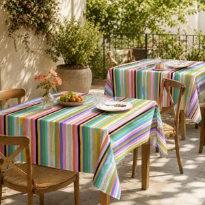 Regenbogen Elfenbein gestreifte Tischdecke - Esstischdecke im Serape-Stil, Sommerküche, Boho-Maximalist-Dekor, Fiesta-Brunch-Leinen