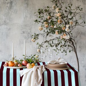 Burgundy Blue Striped Tablecloth - Cabana Table Linen, Rectangular Dining Cover, Coastal Brunch Styling, Housewarming Hostess Gift