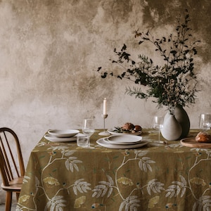 Olive Gold Fern Bird Tablecloth - Ginkgo Leaf Table Cover, Autumn Breakfast Nook Decor, Rustic Chinoiserie Linen, Warm Garden Accent
