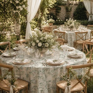 May include: A round dining table set for a formal event, featuring a white tablecloth with a green botanical print, a large centrepiece of white flowers, clear glassware, white plates, and wooden chairs decorated with small white floral sprigs.