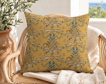 Blauer Akanthus-Damast-Kissenbezug - Senfblumen-Kissenbezug, Herbst Wohnzimmer Akzent, Maximalist Sofa Dekor, Eklektisches Gastgeber Geschenk