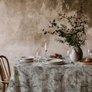 Greige Charcoal Palampore Tablecloth - Neutral Vine Table Cover, Everyday Dining Decor, Modern Farmhouse Linen, Minimal Home Accent