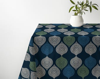 Navy Paisley Leaf Tablecloth - Jewel Tone Boho Dining Table Cover, Fall Dinner Party Decor, Eclectic Maximalist Linen, Moody Hostess Gift